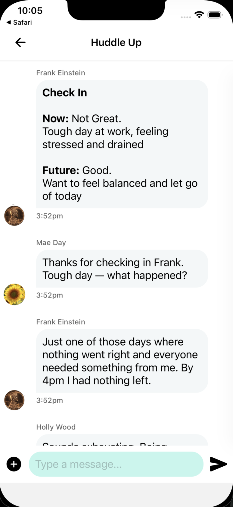 The Ubeus crew chat showing a shared check-in from Frank followed by crewmates responding and asking what happened.