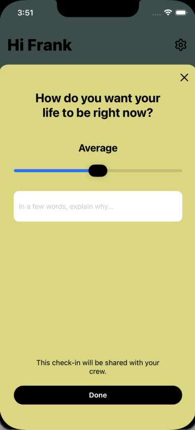 The Ubeus check-in screen asking "How do you want your life to be right now?" with a slider set to Average and a free-text field.