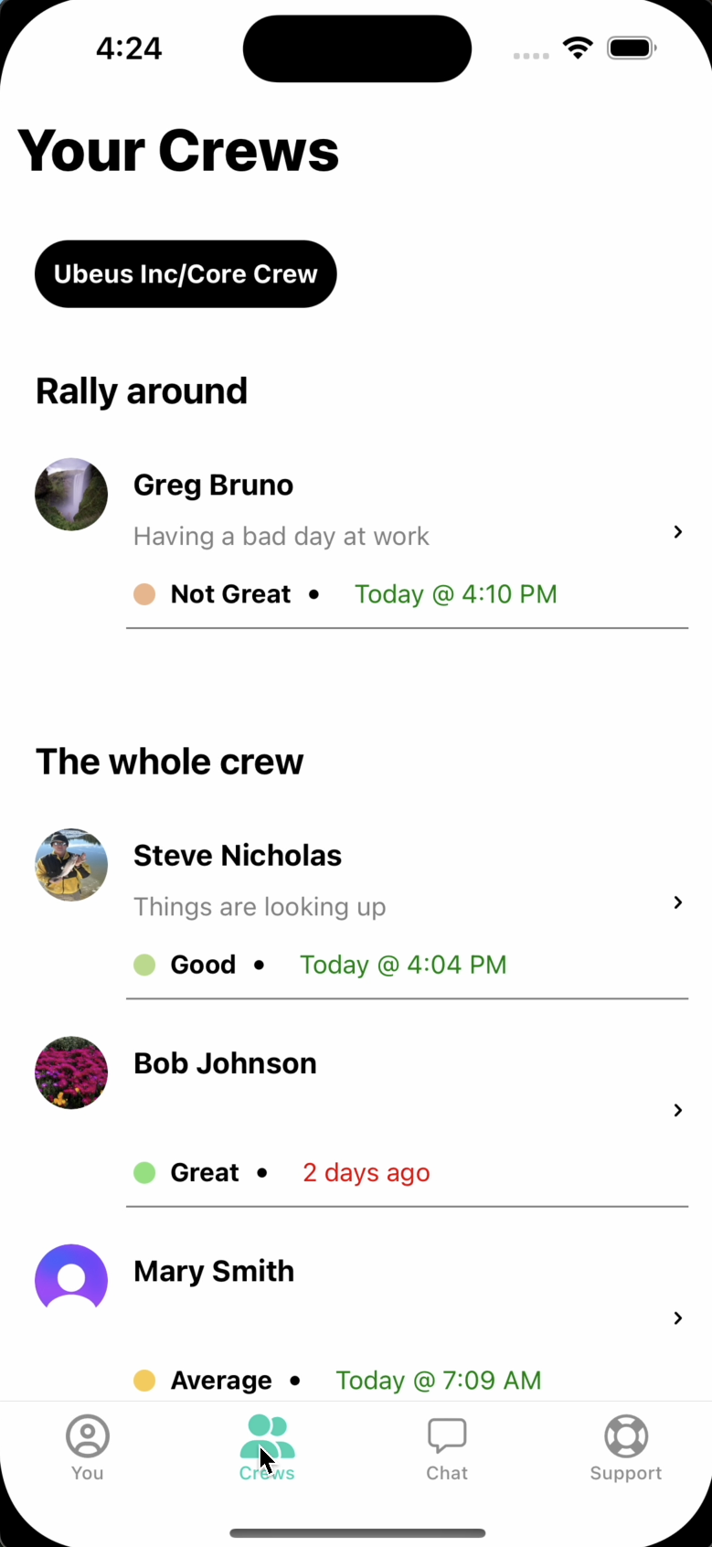 The Ubeus crew screen with a Rally Around section at the top listing a crew member who reported a difficult day.