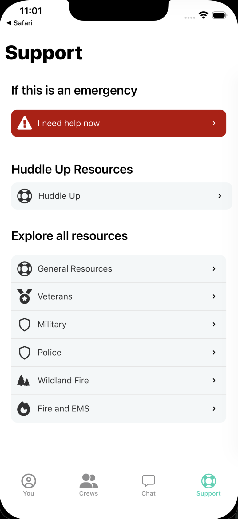 The Ubeus support screen showing an emergency help button and resource categories for veterans, military, police, wildland fire, and fire and EMS.